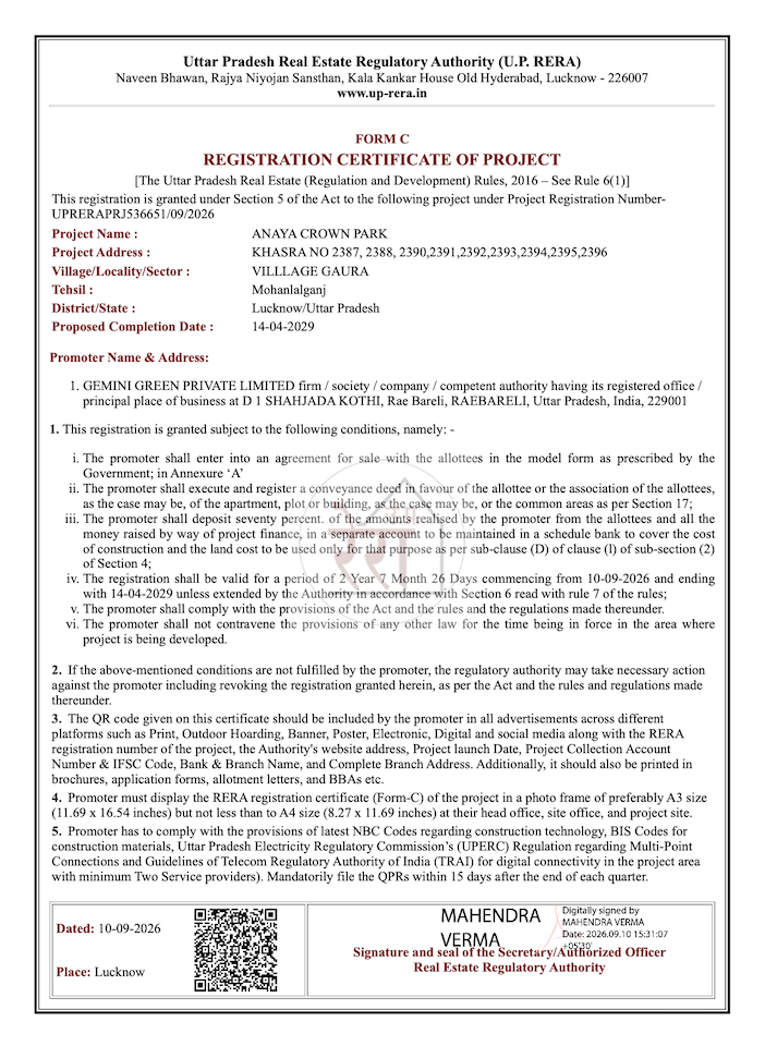 Anaya Crown Park RERA Form C